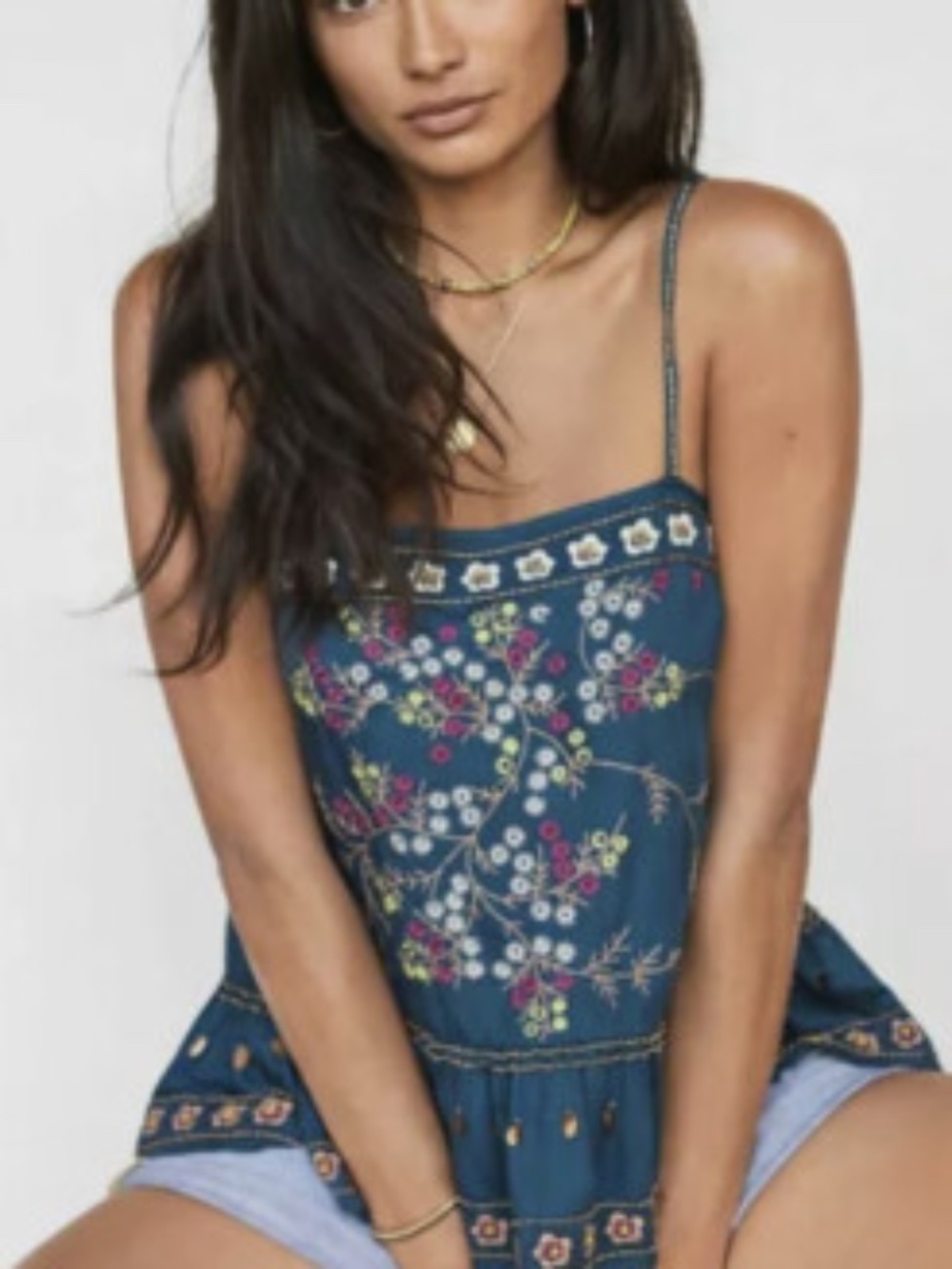 NWT Anthropologie Luzia Blue Embroidered Beaded Ruffle Tank Top Shirt Blouse XL